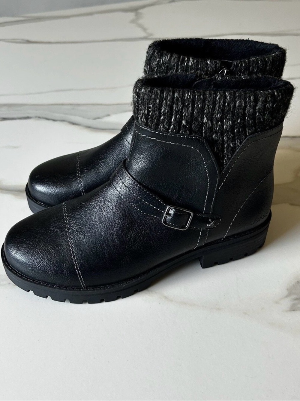 Black Knit-Cuff Ankle Boot with Buckle Accent